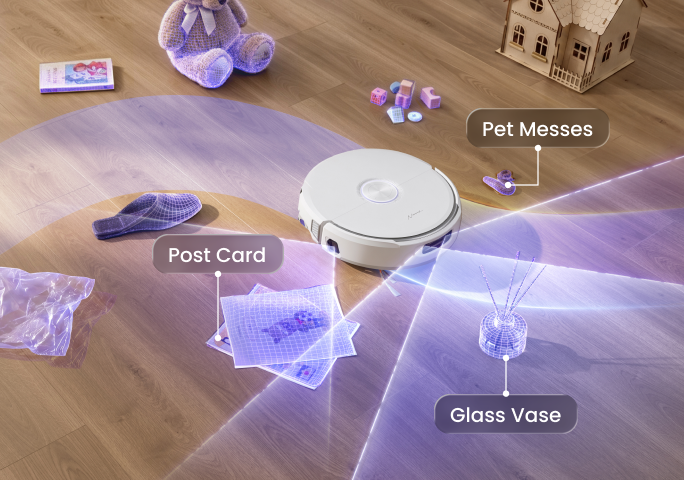 TwinAI-Hinderniserkennung mit Labels für Postkarte, Glasvase und Haustierhinterlassenschaften